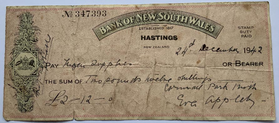 1942 Bank of New South Wales, Hastings New Zealand cheque